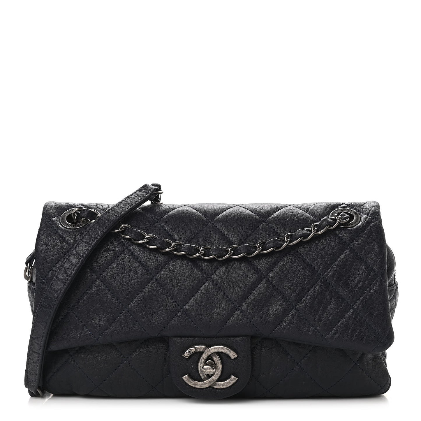 Sheepskin Quilted Medium Easy Flap Navy Blue