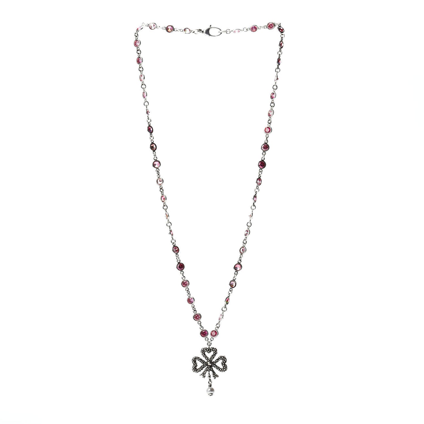 Sterling Silver Crystal Pearl Heart Ribbon Pendant Necklace