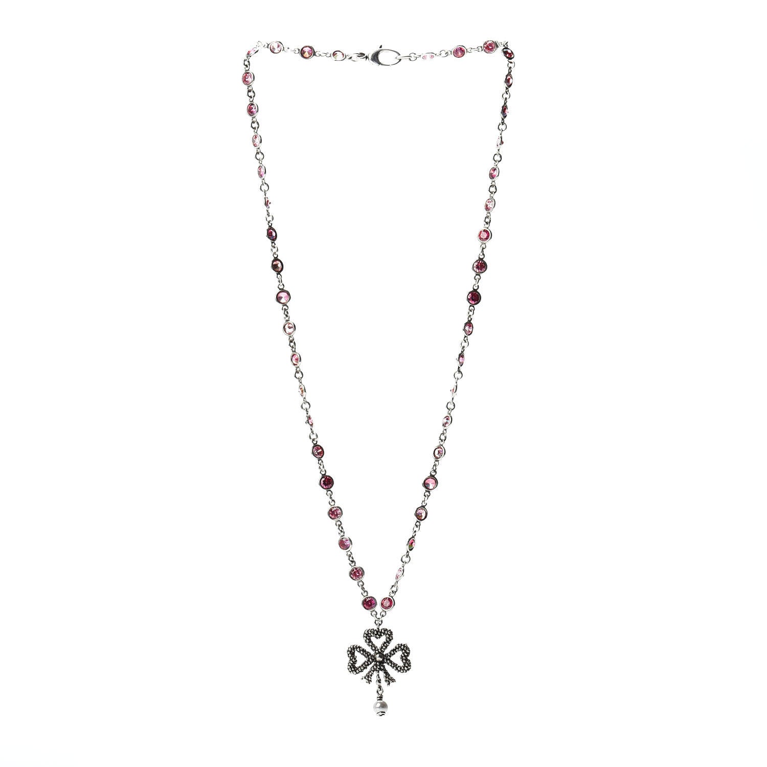 Gucci Sterling Silver Crystal Pearl Heart Ribbon Pendant Necklace 3 of 5