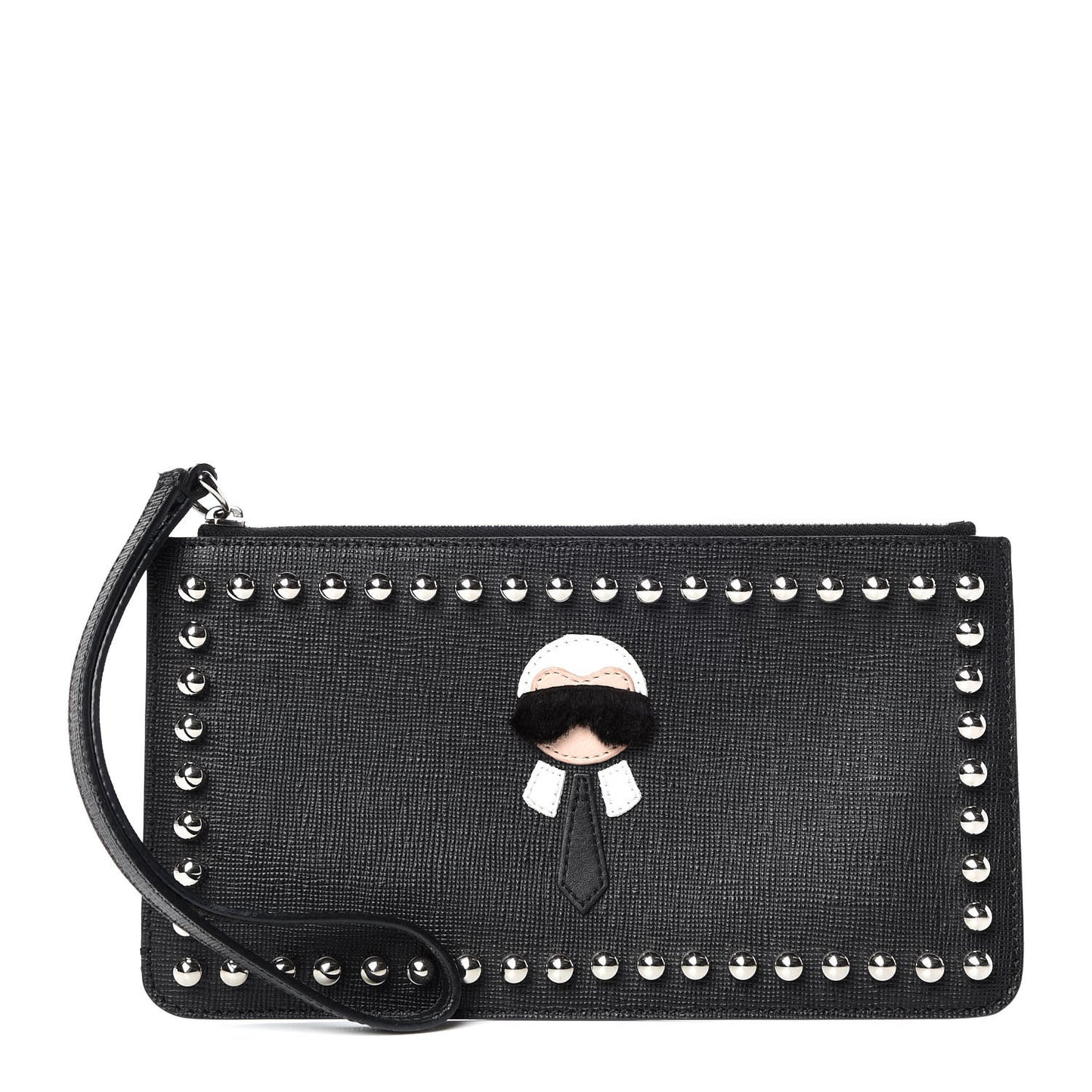 Vitello Elite Mink Fur Studded Karlito Zip Pouch Black