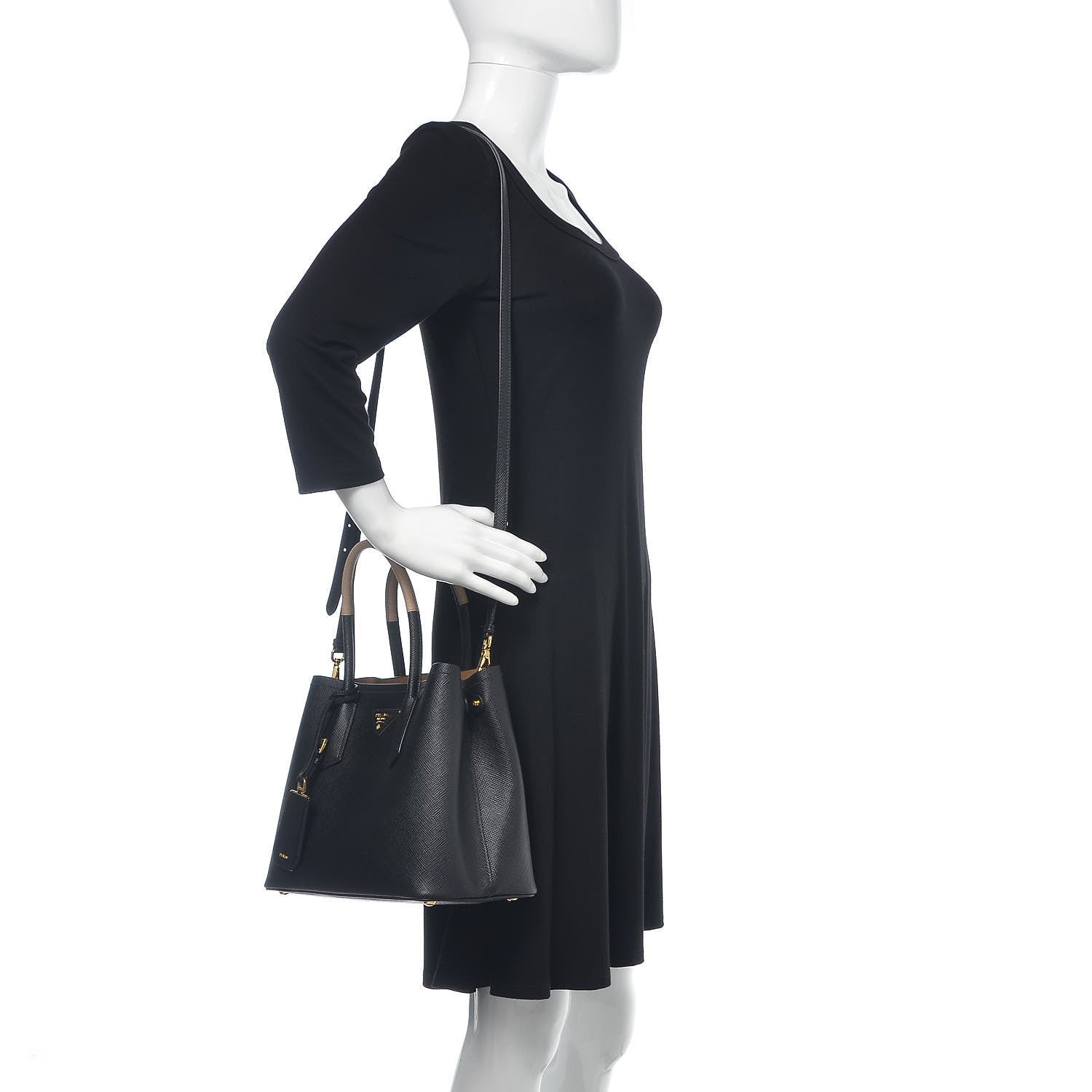 Prada Saffiano Cuir Small Bi-Color Double Bag Black Sabbia 2 of 10