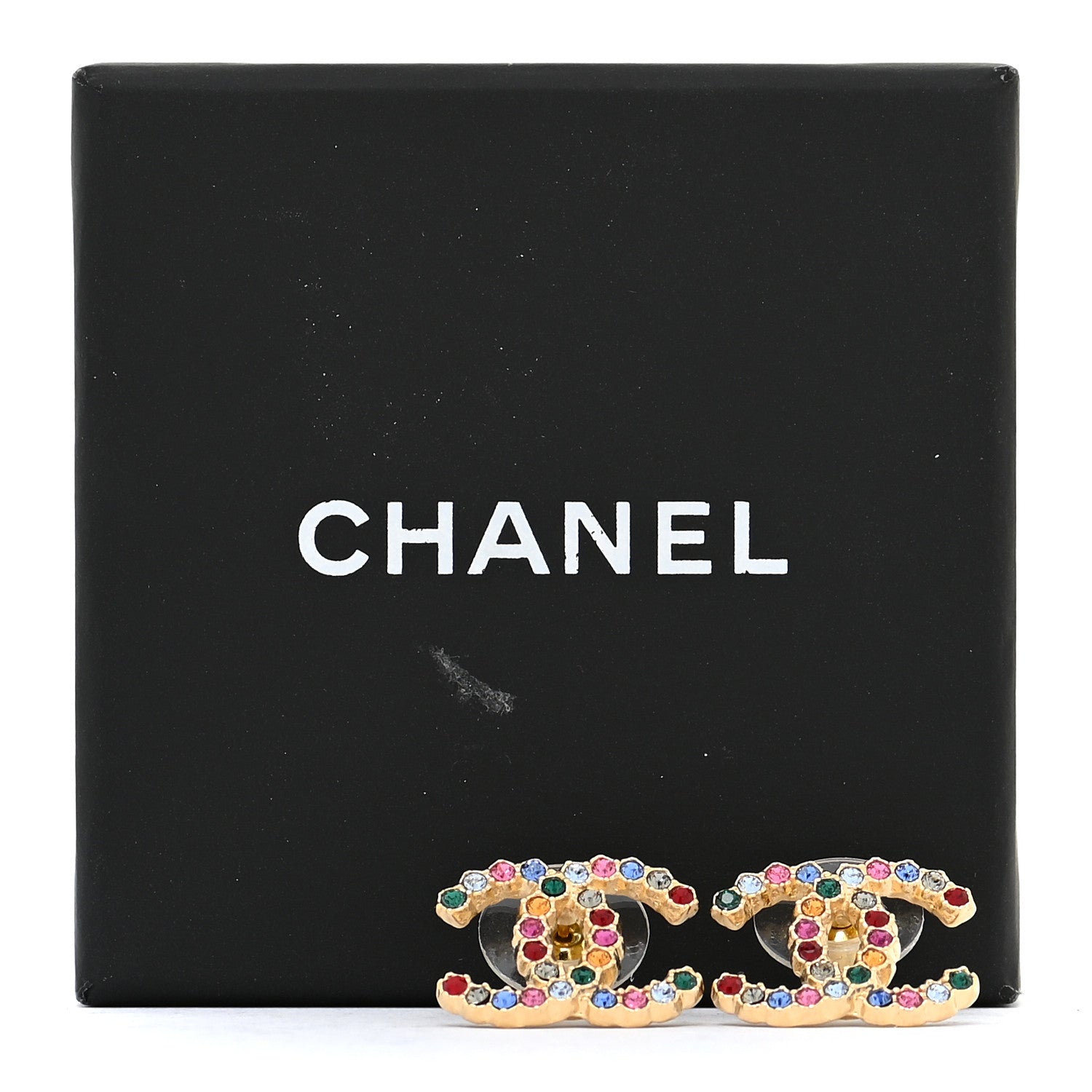 Chanel Crystal CC Stud Earrings Gold Multicolor 6 of 6