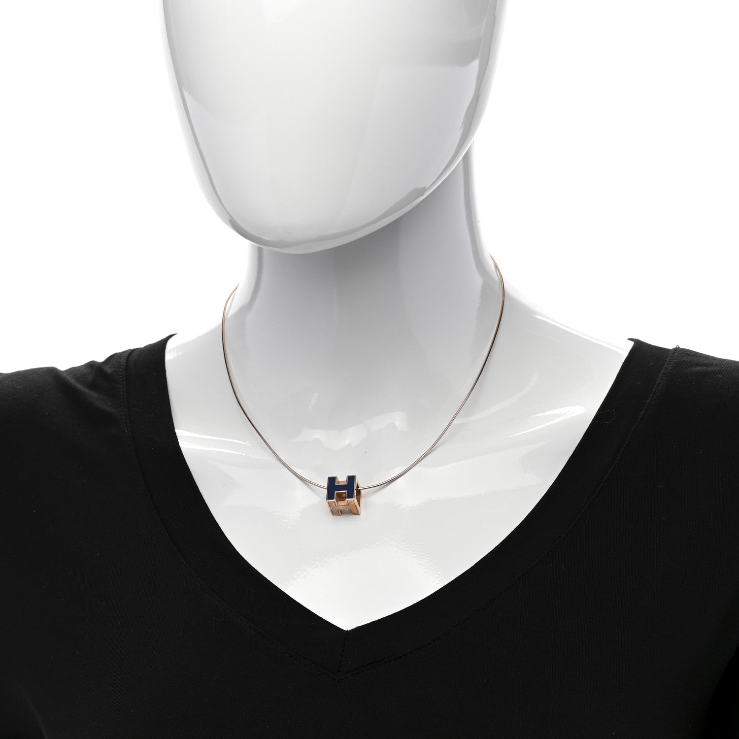 Hermes Rose Gold Lacquered Cage d'H Pendant Necklace Bleu Sature 2 of 7