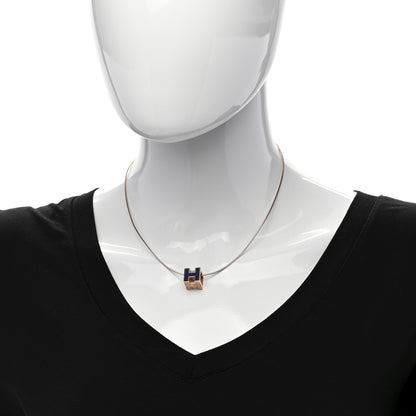 Hermes Rose Gold Lacquered Cage d'H Pendant Necklace Bleu Sature 2 of 7