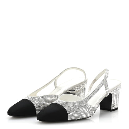 Chanel Strass Grosgrain Cap Toe CC Slingback Pumps 37.5 Silver Black 4 of 10
