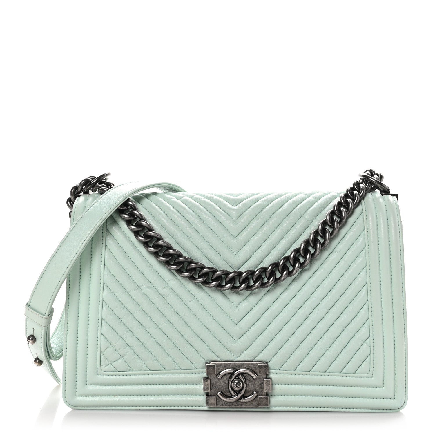 Chanel Wrinkled Lambskin Chevron Quilted New Medium Boy Flap Light Green 1 of 10