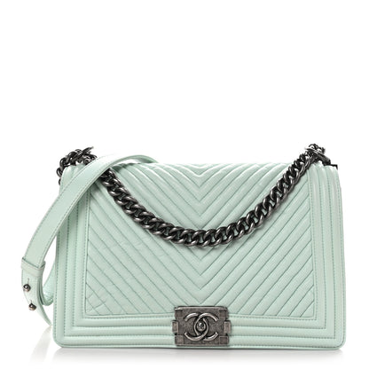 Chanel Wrinkled Lambskin Chevron Quilted New Medium Boy Flap Light Green 1 of 10