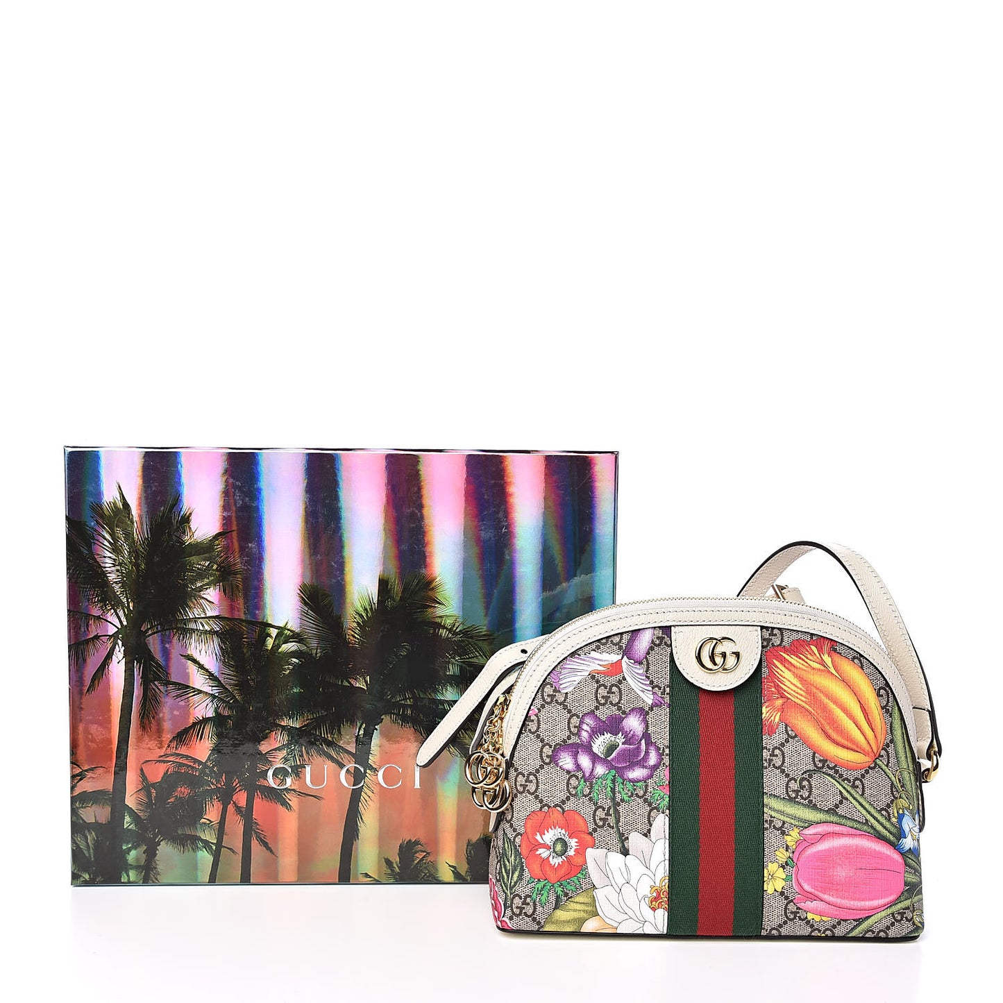 GG Supreme Monogram Flora Web GG Small Ophidia Dome Shoulder Bag White