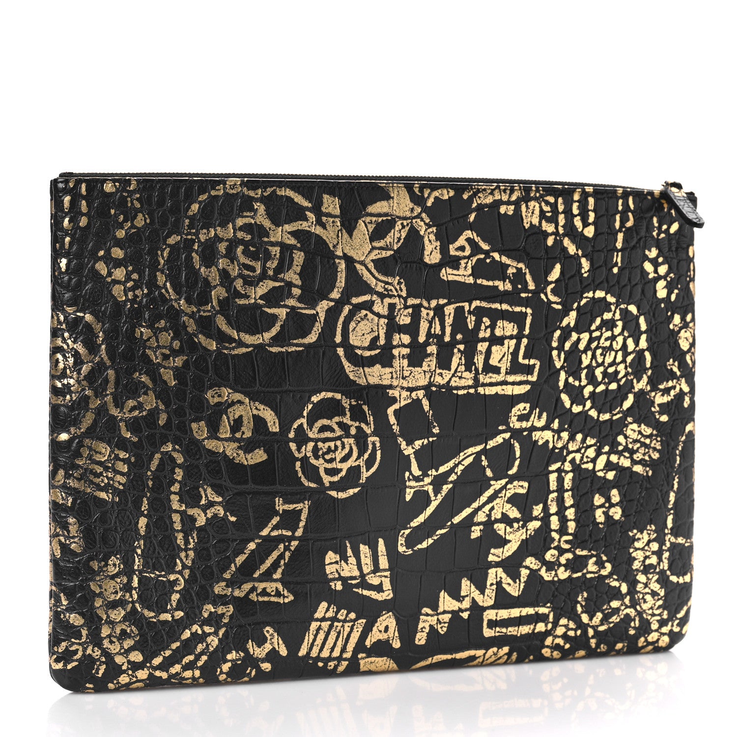 Chanel Calfskin Crocodile Embossed Graffiti 2.55 Medium Cocodile Reissue Cosmetic Case Black Gold 3 of 9