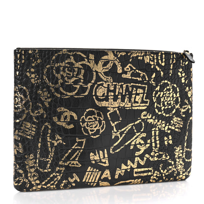 Chanel Calfskin Crocodile Embossed Graffiti 2.55 Medium Cocodile Reissue Cosmetic Case Black Gold 3 of 9