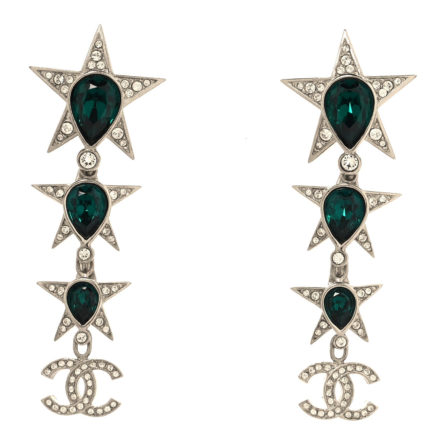 Chanel Crystal CC Star Drop Earrings Silver Green 1 of 4