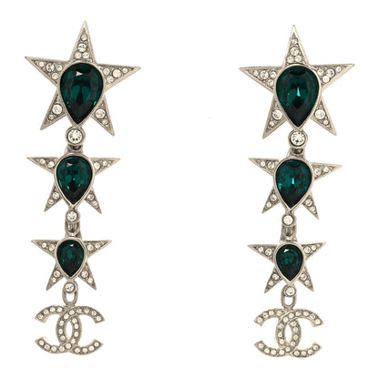 Chanel Crystal CC Star Drop Earrings Silver Green 1 of 4