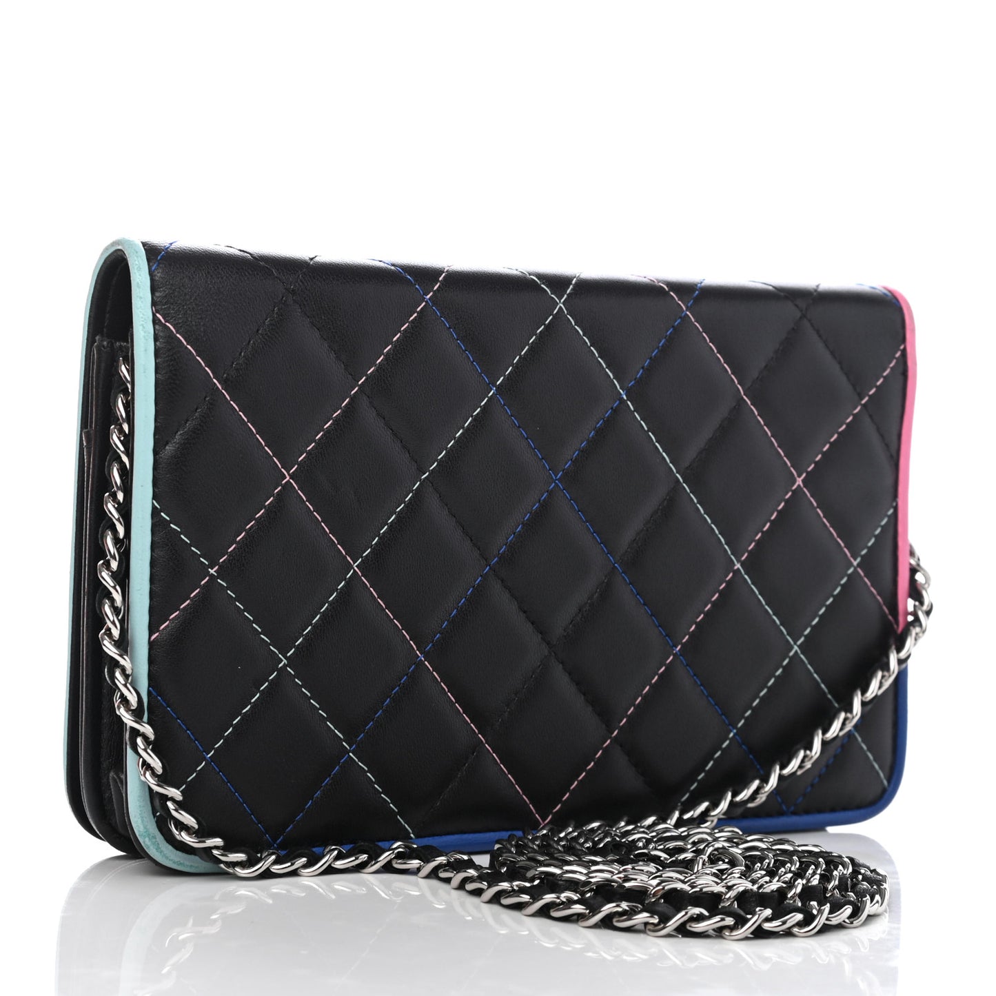 Lambskin Quilted Wallet On Chain WOC Black Pink Light Blue