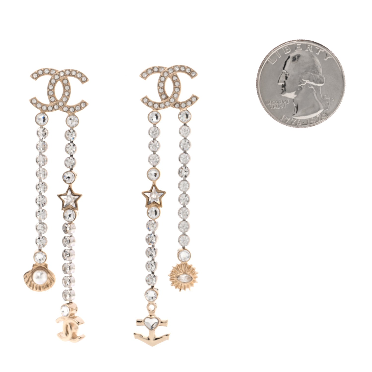 Chanel Crystal Pearl CC Shell Drop Earrings Light Gold 2 of 5