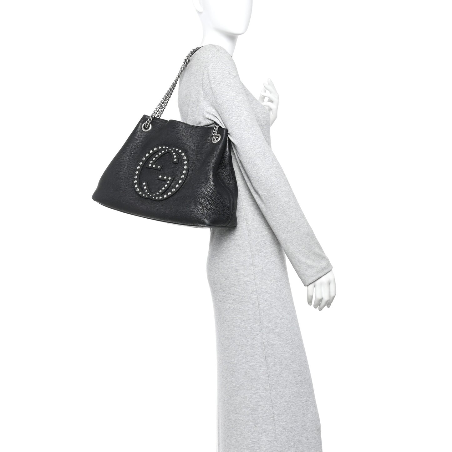 Pebbled Calfskin Studded Medium Soho Chain Shoulder Bag Black