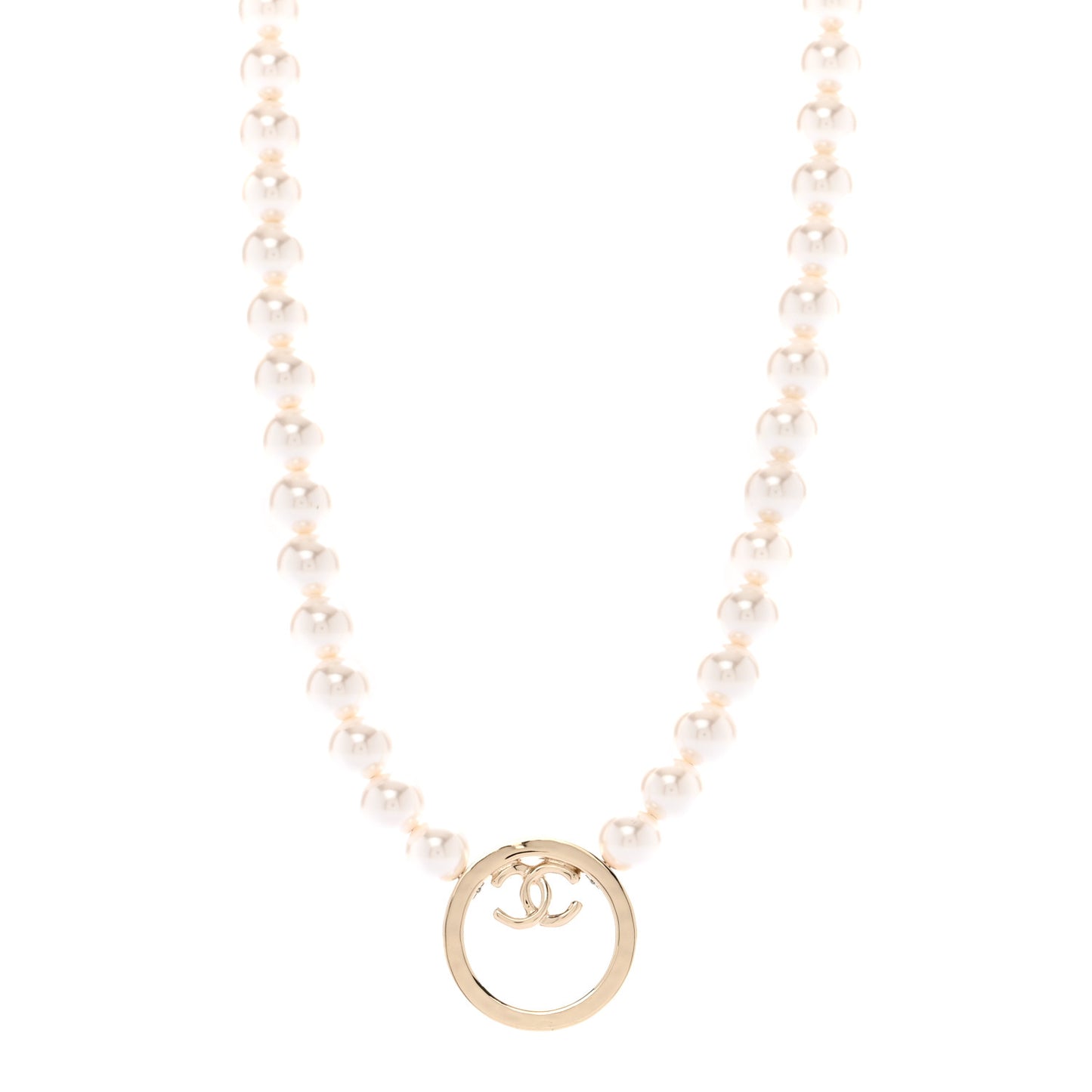 Pearl CC Round Long Necklace Gold White