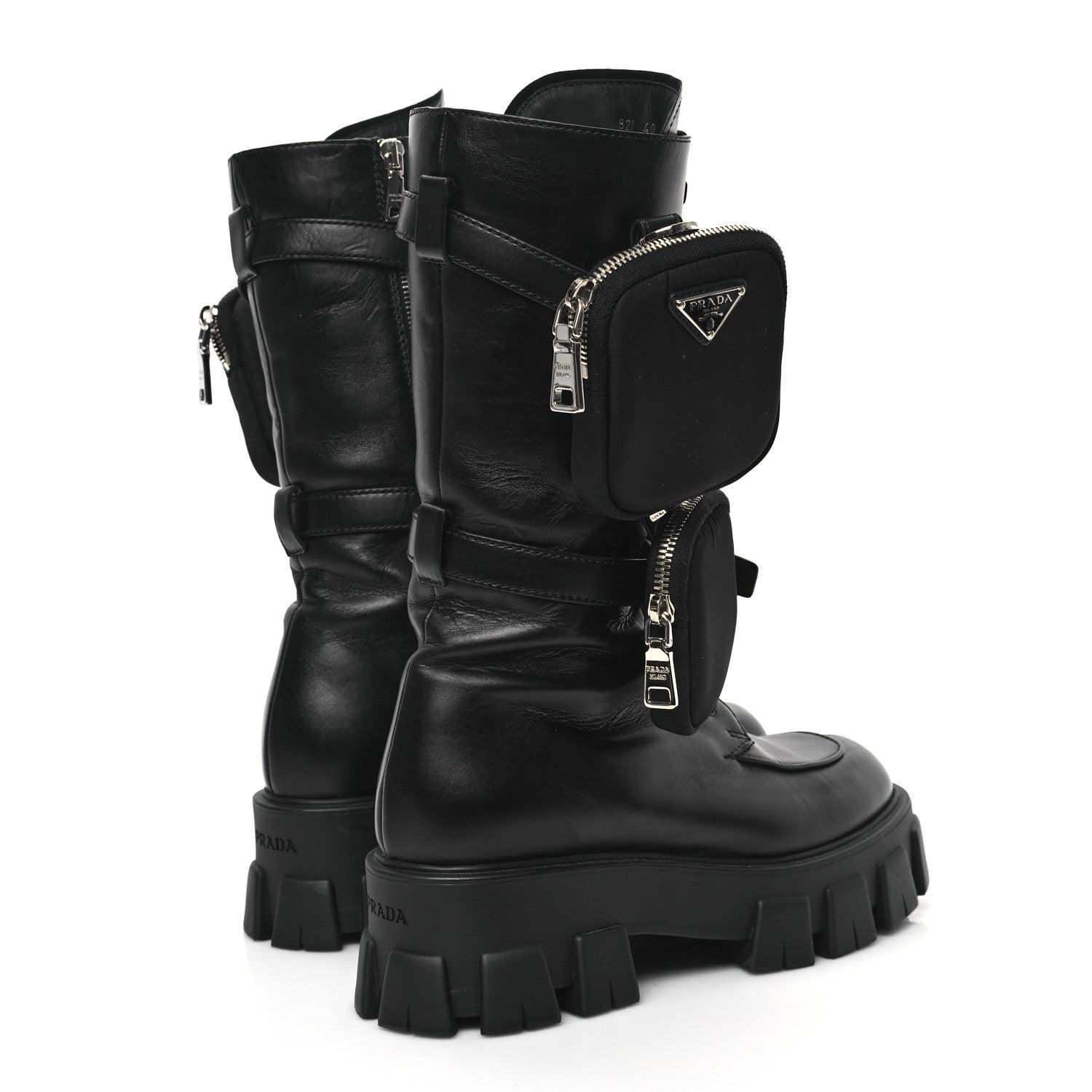 Prada Spazzolato Rois Re-Nylon Metal Triangle Logo Monolith Pouch Pocket 55mm Tall Combat Boots 40 Black 4 of 9
