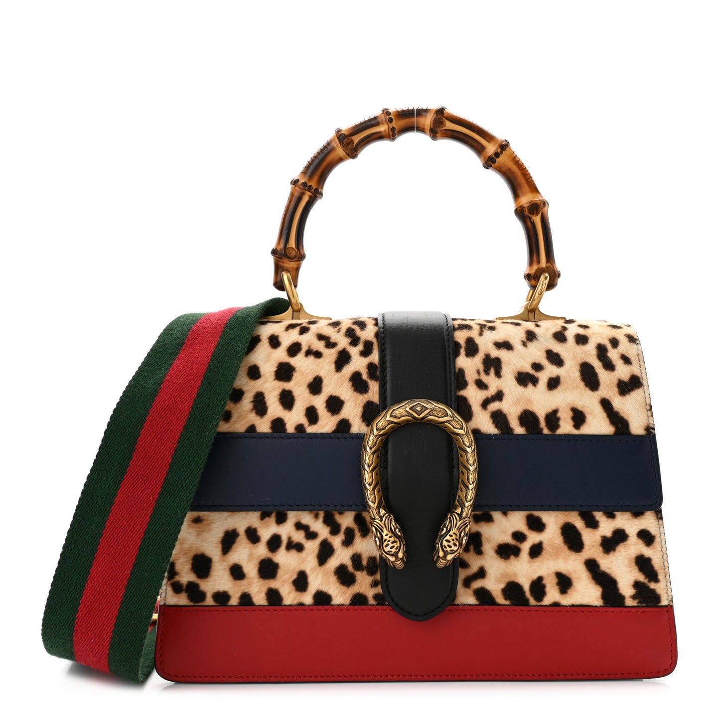 Calf Hair Calfskin Bamboo Web Leopard Print Medium Dionysus Top Handle Bag Natural Blue Agata Hibiscus Red
