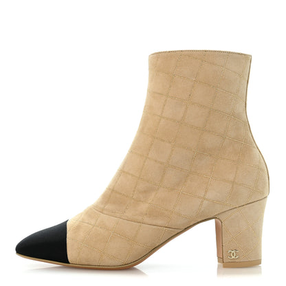 Chanel Suede Goatskin Grosgrain Quilted Cap Toe Short Boots 38 Beige Golden Black 1 of 10