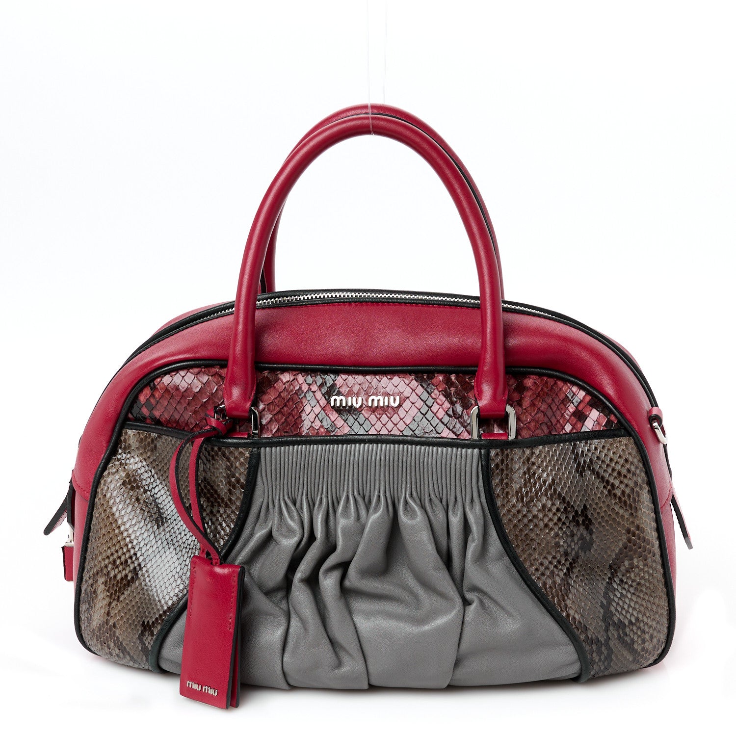 Miu Miu Nappa Snakeskin Bowler Grey Red 1 of 11