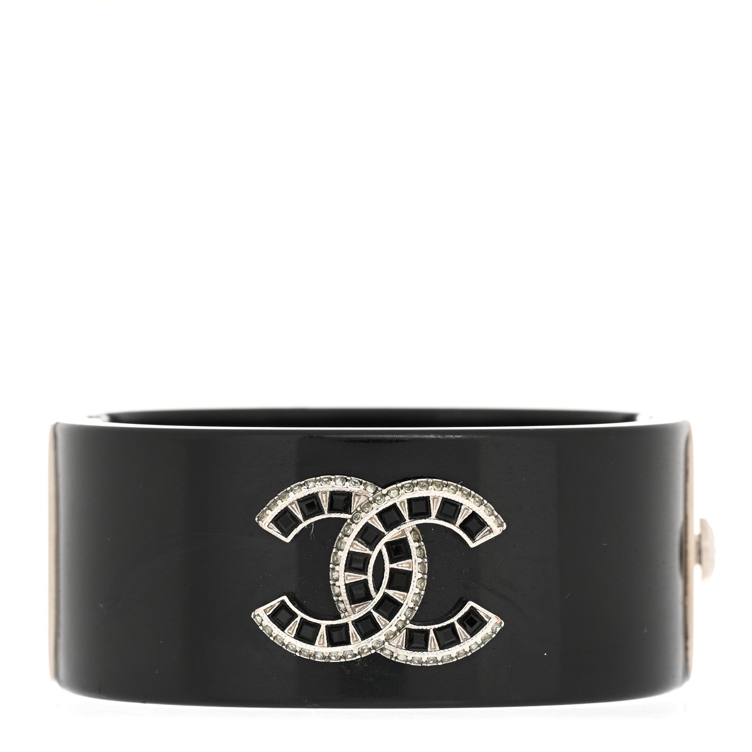 Chanel Resin Crystal Baguette CC Cuff Black Silver 1 of 6