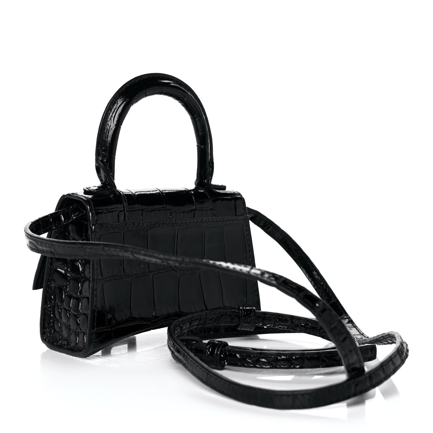 Balenciaga Shiny Calfskin Monochrome Crocodile Embossed Hourglass Top Handle Bag Mini Black 3 of 9