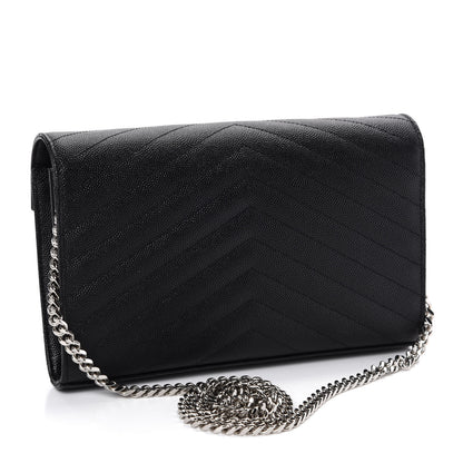 Saint Laurent Grain De Poudre Matelasse Chevron Monogram Chain Wallet Black 3 of 10