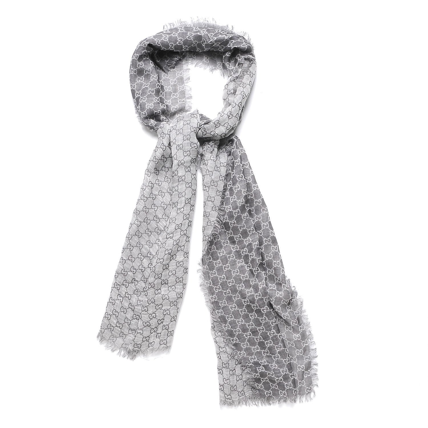 Gucci Wool Silk Monogram Fringe Scarf Gray 1 of 3