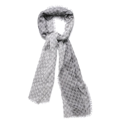 Gucci Wool Silk Monogram Fringe Scarf Gray 1 of 3