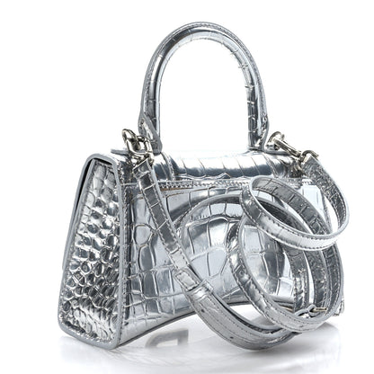 Balenciaga Metallic Calfskin Crocodile Embossed Hourglass Top Handle Bag XS Silver 3 of 9