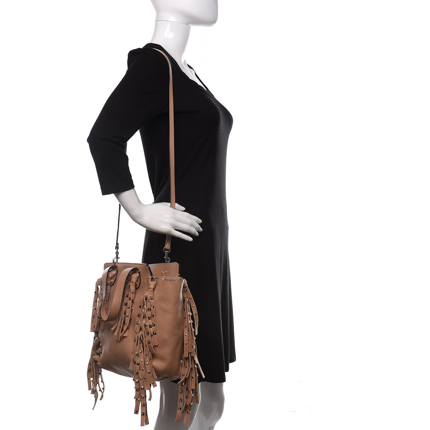Grained Calfskin Small Rockstud C-Rockee Fringe Tote Poudre