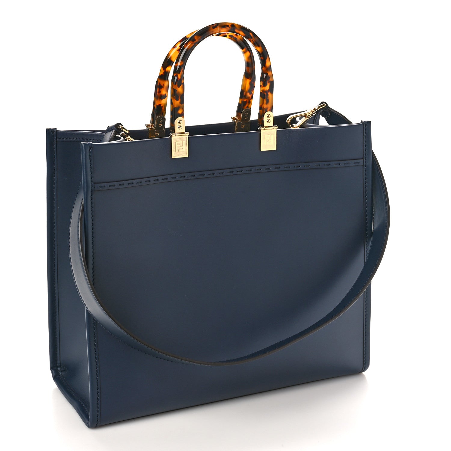 Fendi Vitello King Plexiglass Logo Embossed Medium Fendi Sunshine Shopper Tote Midnight 3 of 7