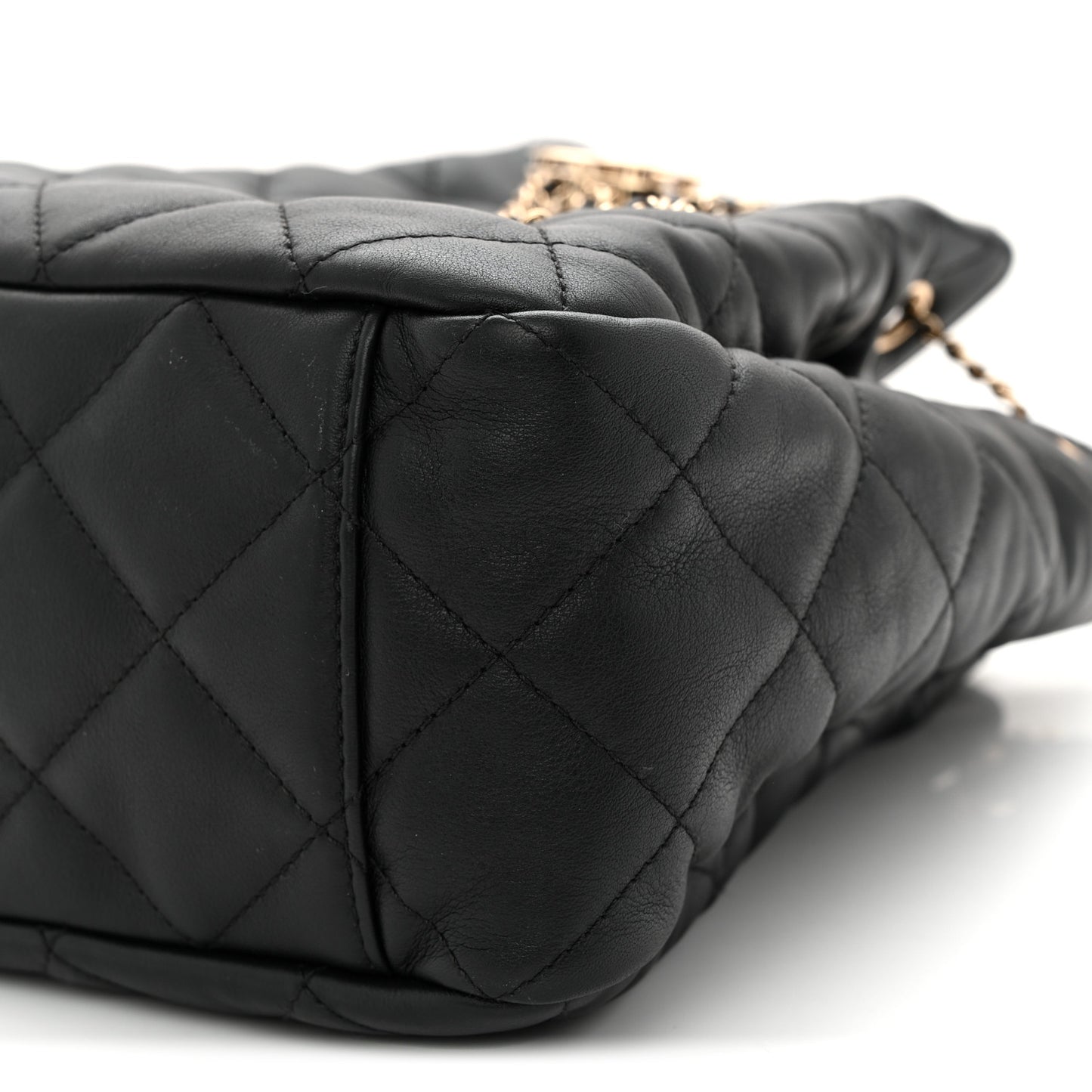 Goatskin Quilted Chain Drawstring Bag Black