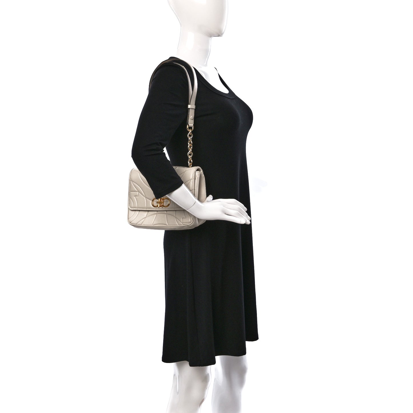 Calfskin Quilted Gancini Flap Bag Bone