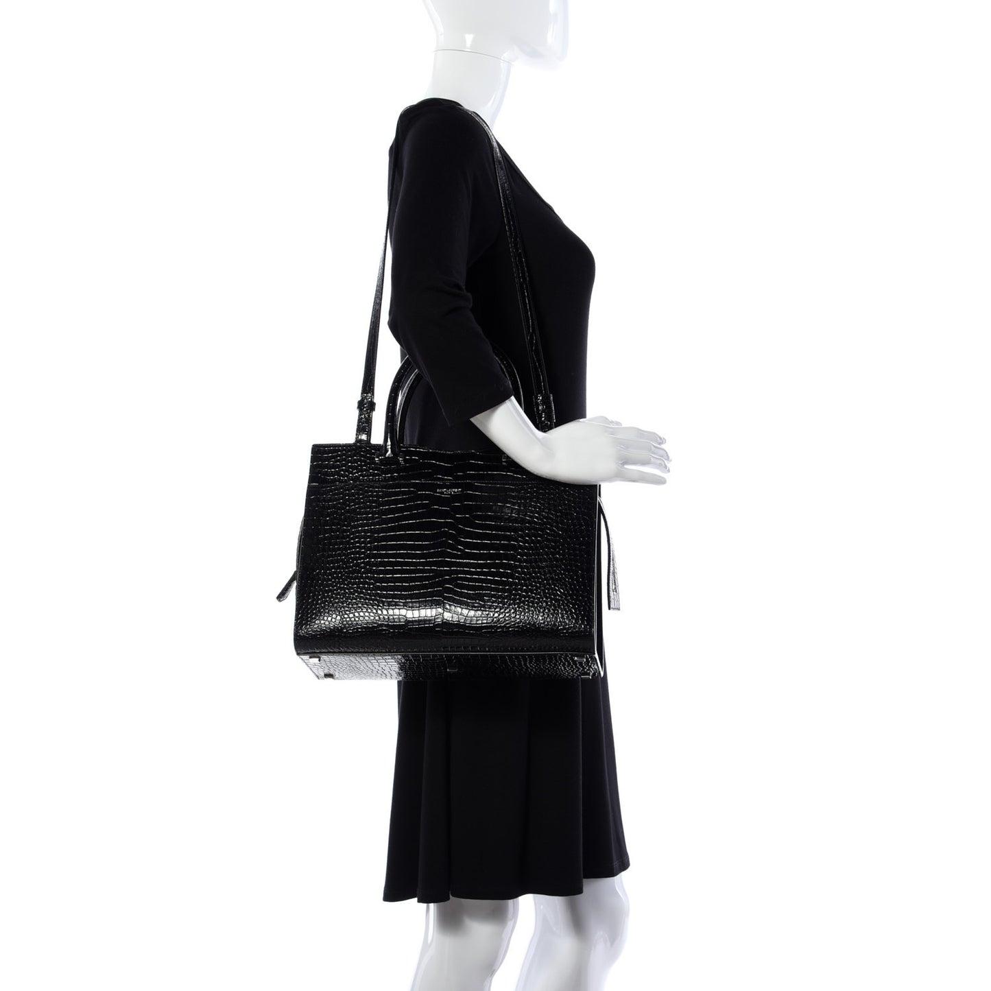 Croc Calfskin Embossed Medium Uptown Tote Black