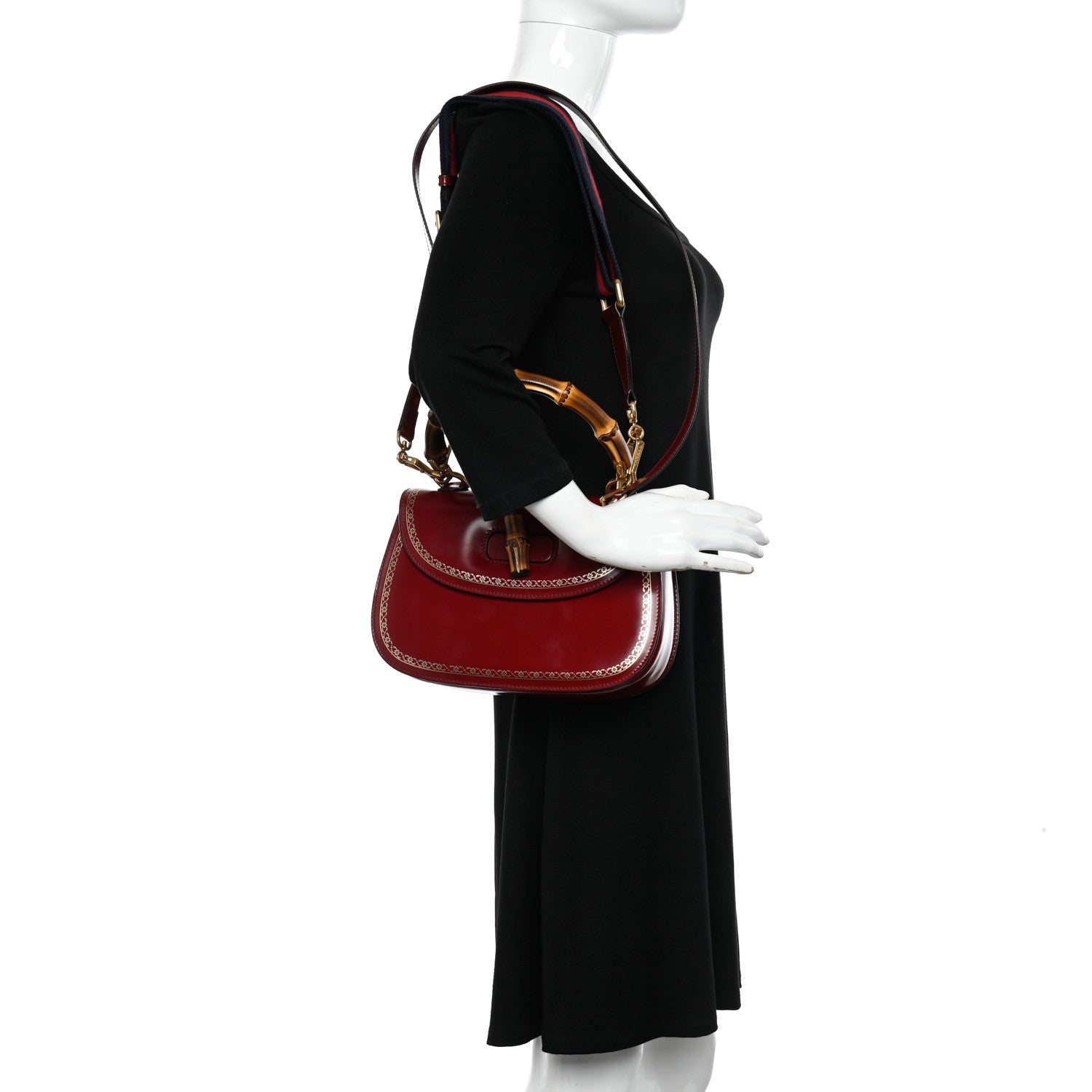 Gucci Calfskin Frame Print Bamboo 1947 Top Handle Bag Red Gold 2 of 10