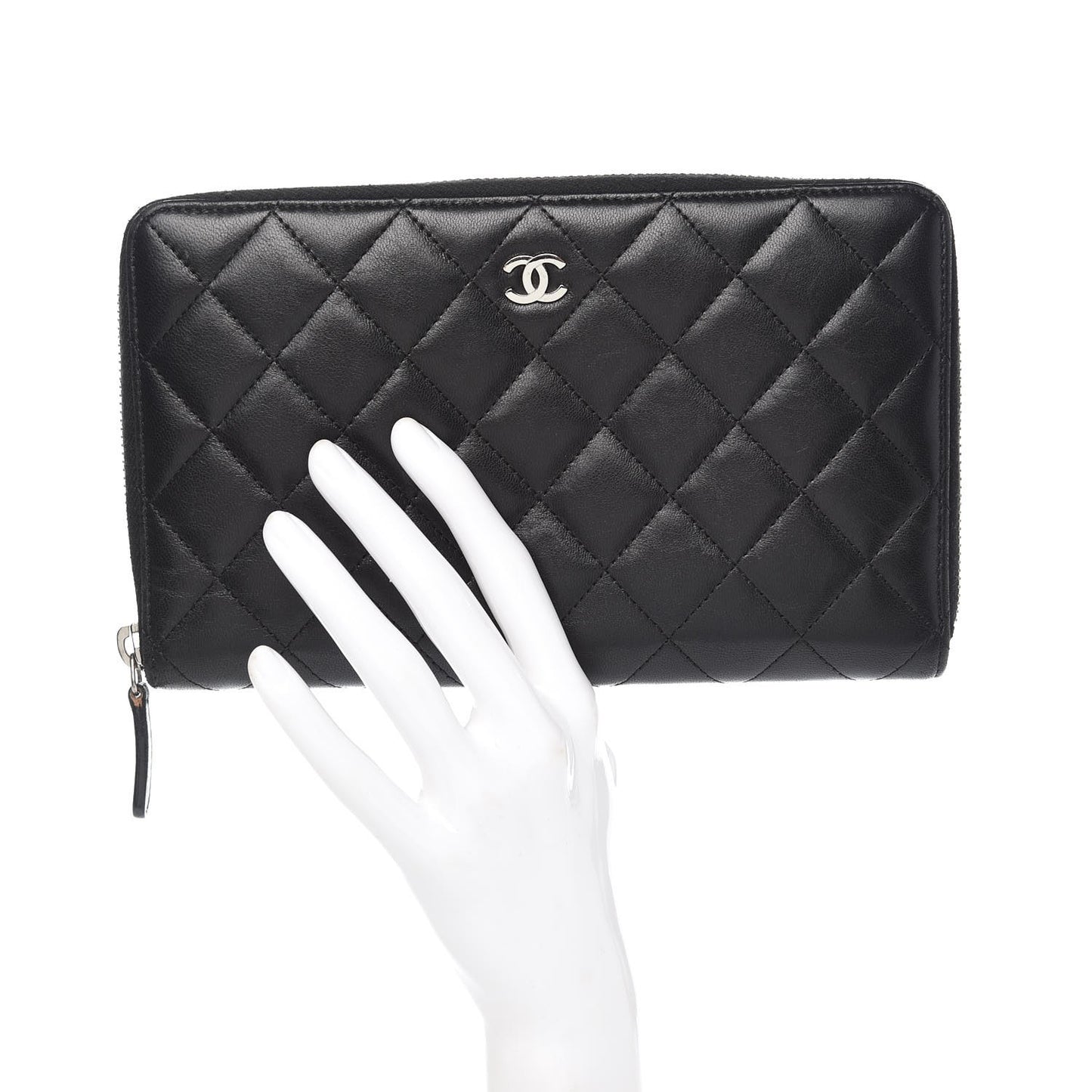 Lambskin Quilted Large Zip Around Organizer Wallet Black