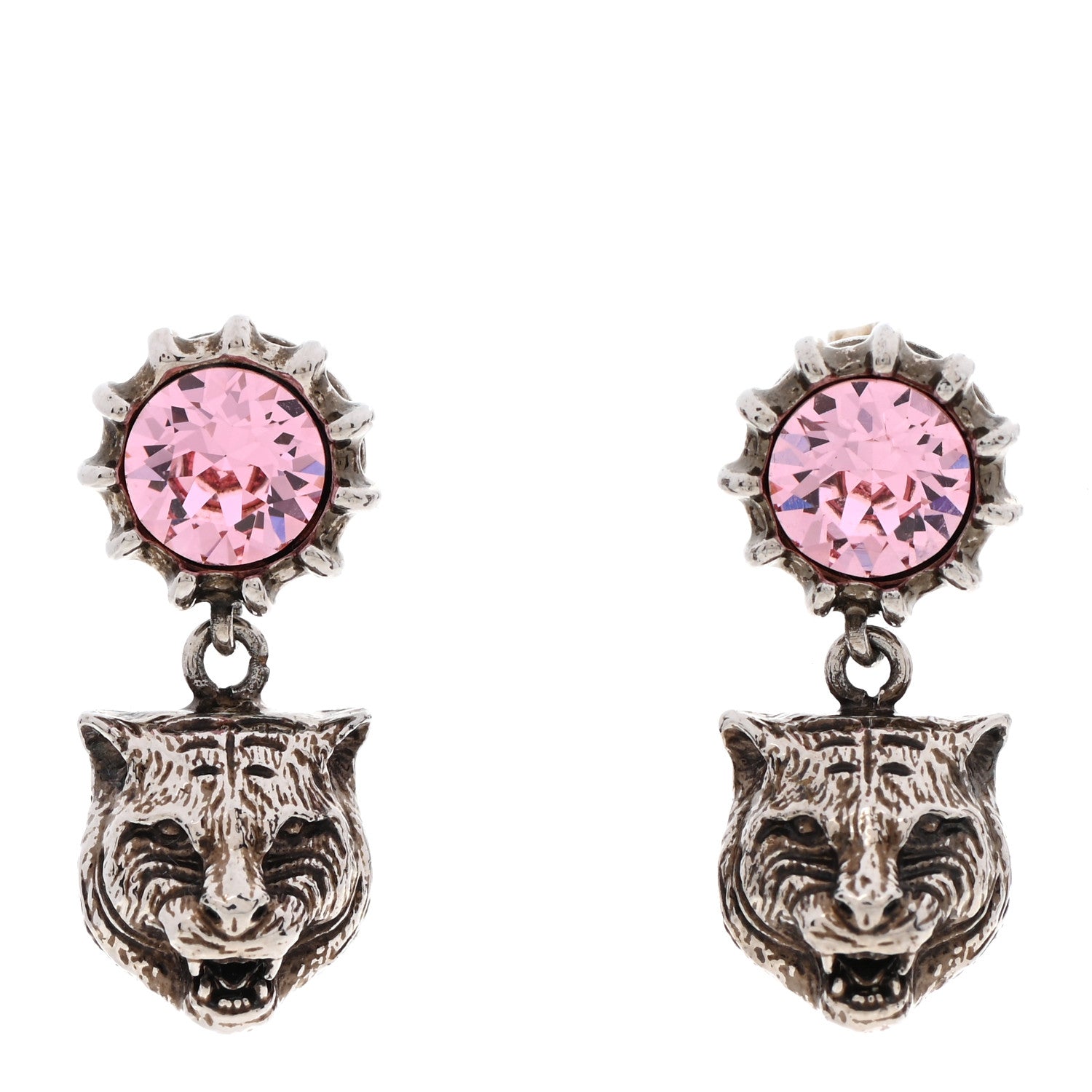 Gucci Metal Crystal Feline Earrings Aged Gold Pink 1 of 5