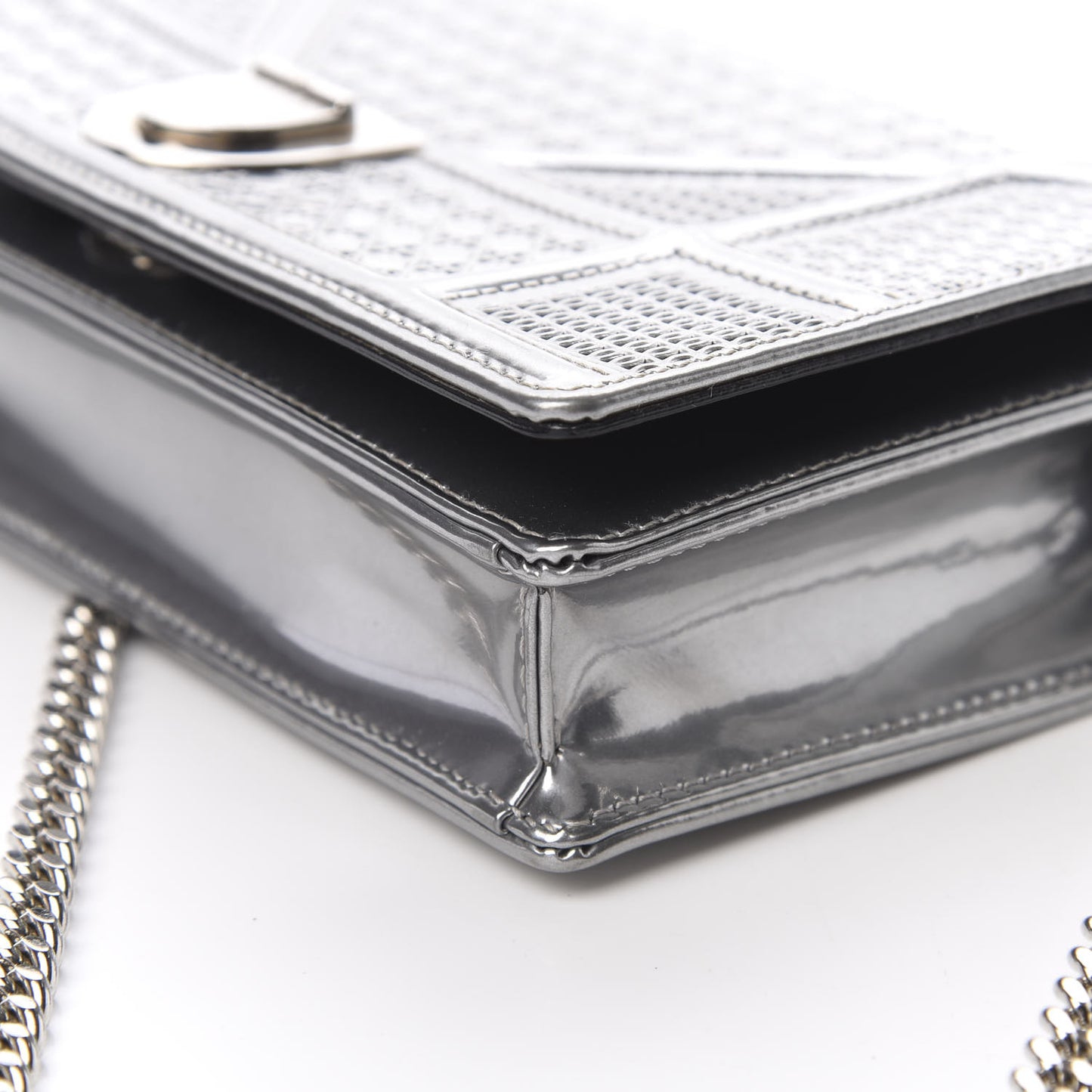 Metallic Patent Micro-Cannage Diorama Wallet on Chain Pouch Silver