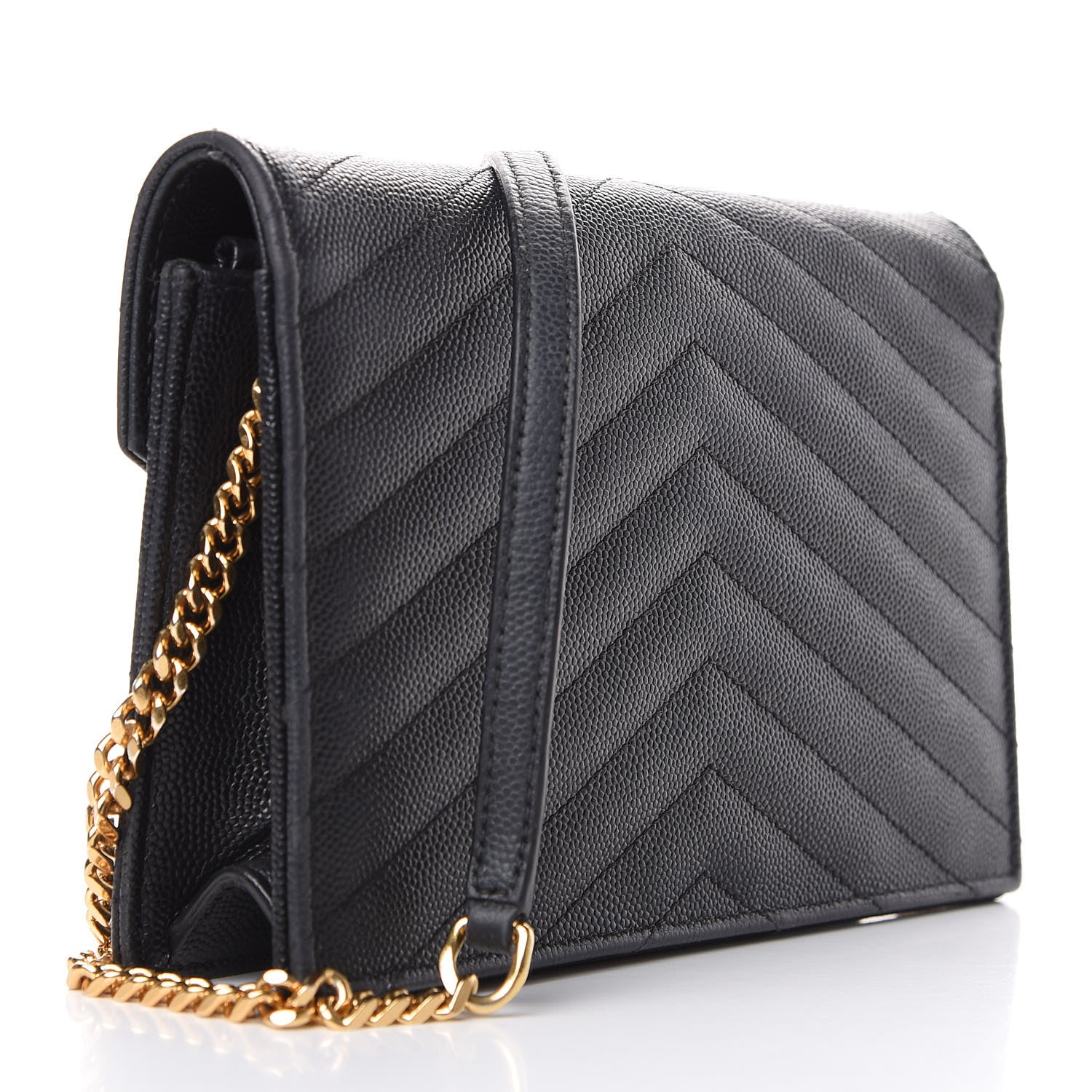 Saint Laurent Grain De Poudre Matelasse Chevron Monogram Envelope Chain Wallet Black 2 of 11