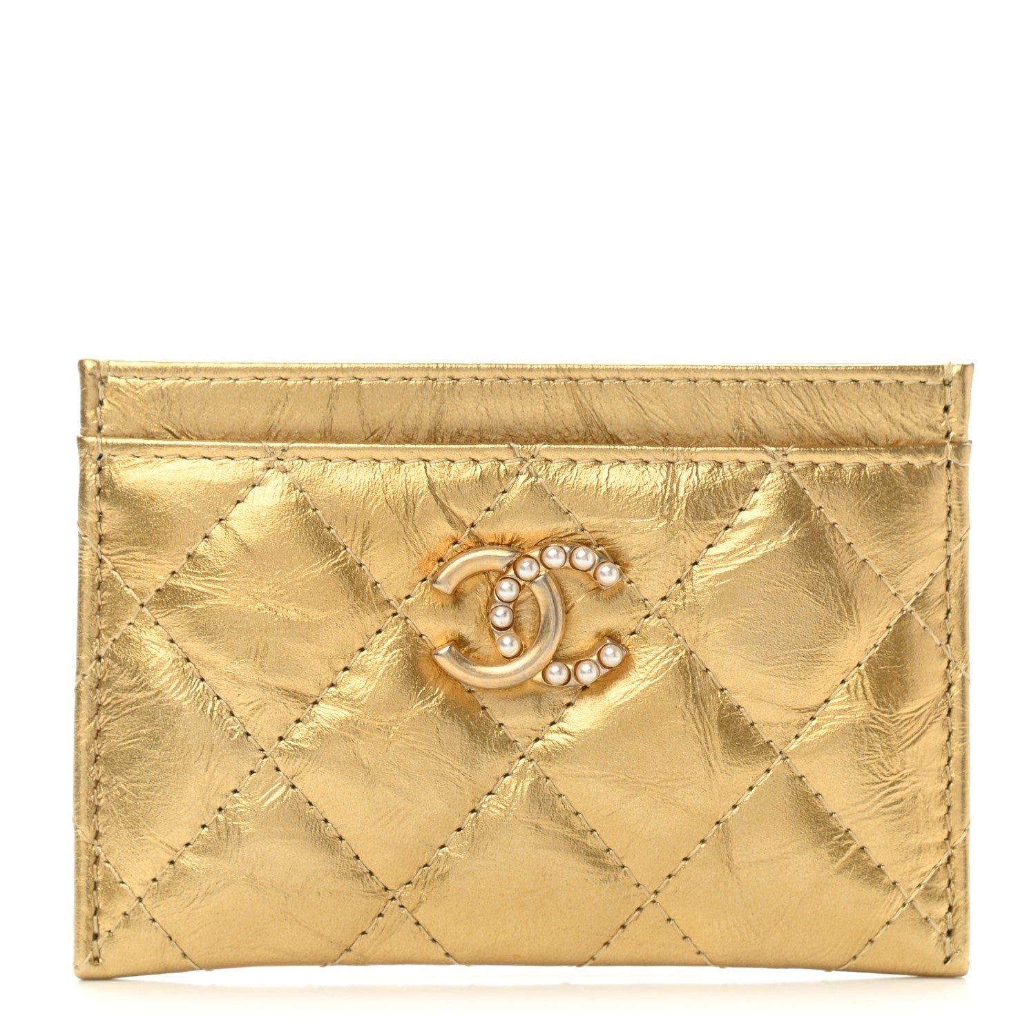 Chanel Aged Metallic Calfskin Pearl CC Quilted Card Holder Gold 1 of 9