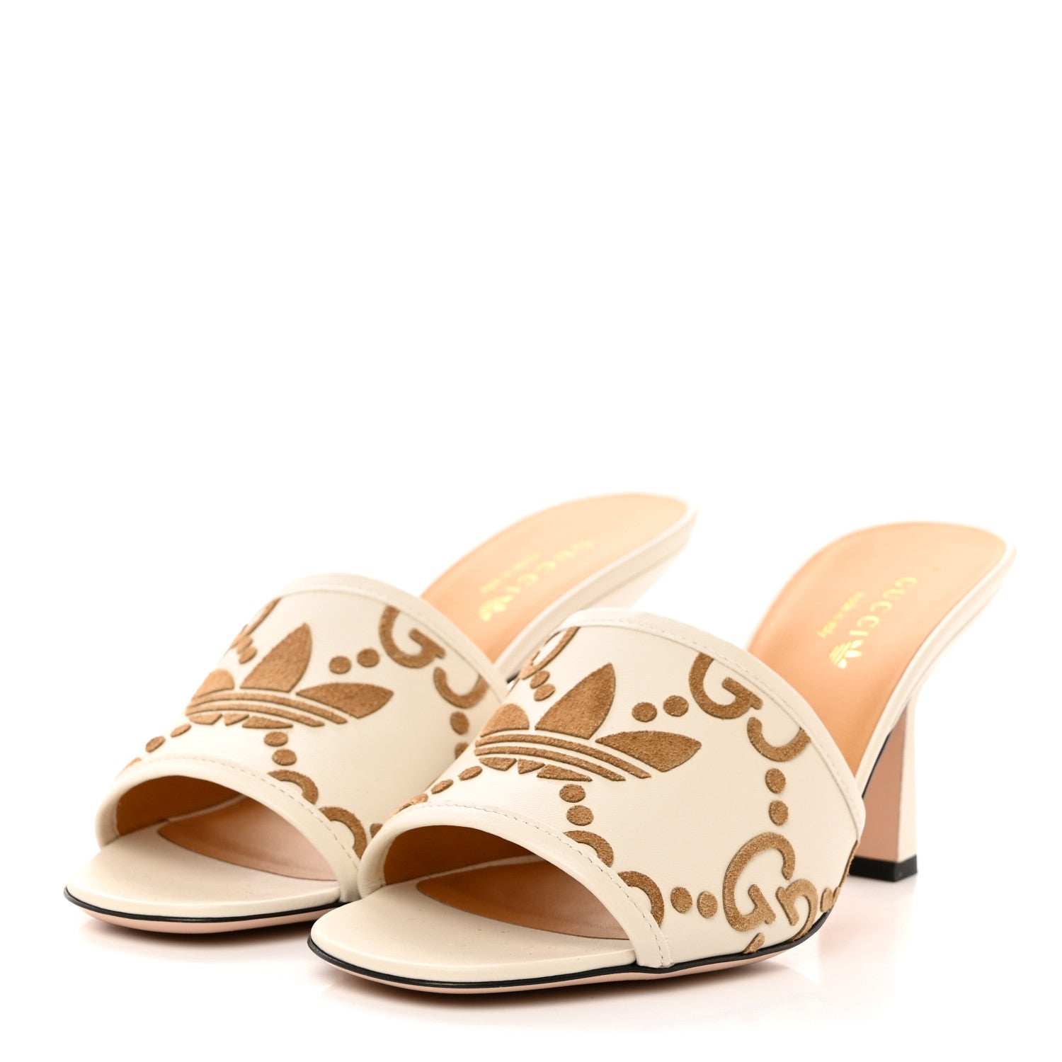 Gucci X ADIDAS Nappa Suede Monogram Jumbo GG Trefoil 75mm Slide Sandals 38 New Mystic White Sand 3 of 9