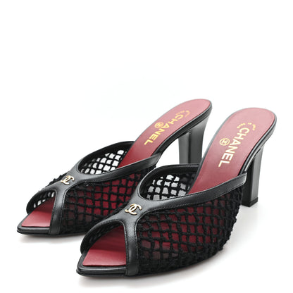 Chanel Mesh Cotton Lambskin CC Coco Beach Mules 40 Black 4 of 9