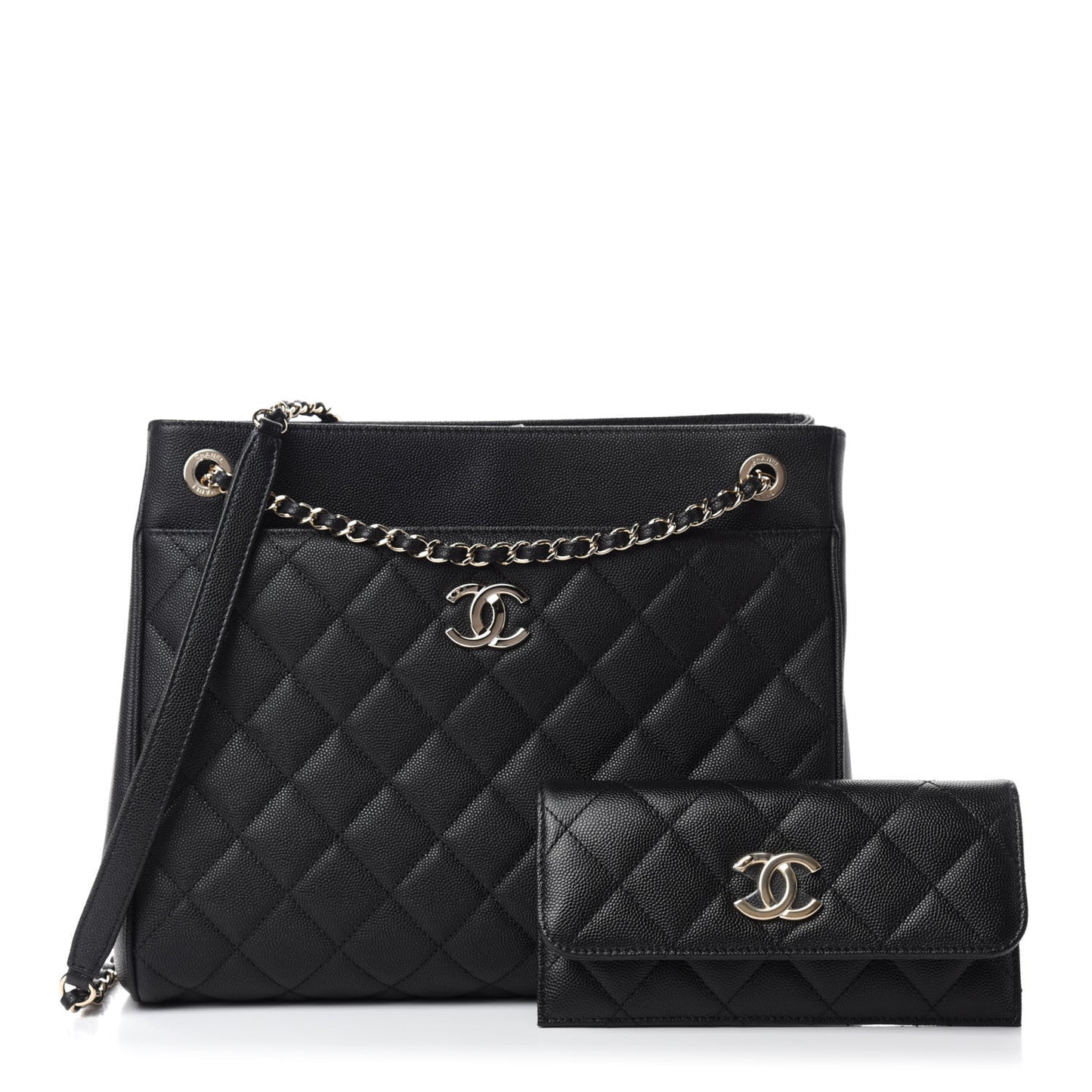 Caviar Quilted In Out Flap Shopping Tote Black