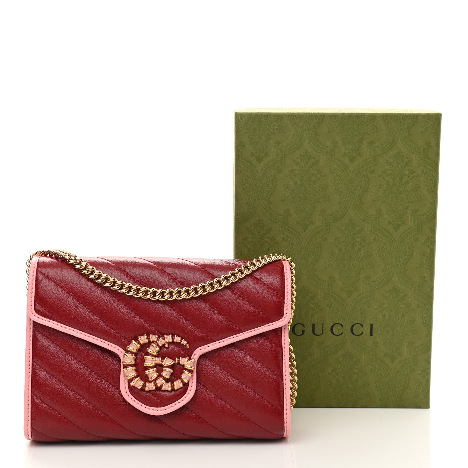 Gucci Azalea Calfskin Enamel Matelasse Diagonal Torchon GG Marmont Chain Wallet New Cherry Red Wild Rose 11 of 11