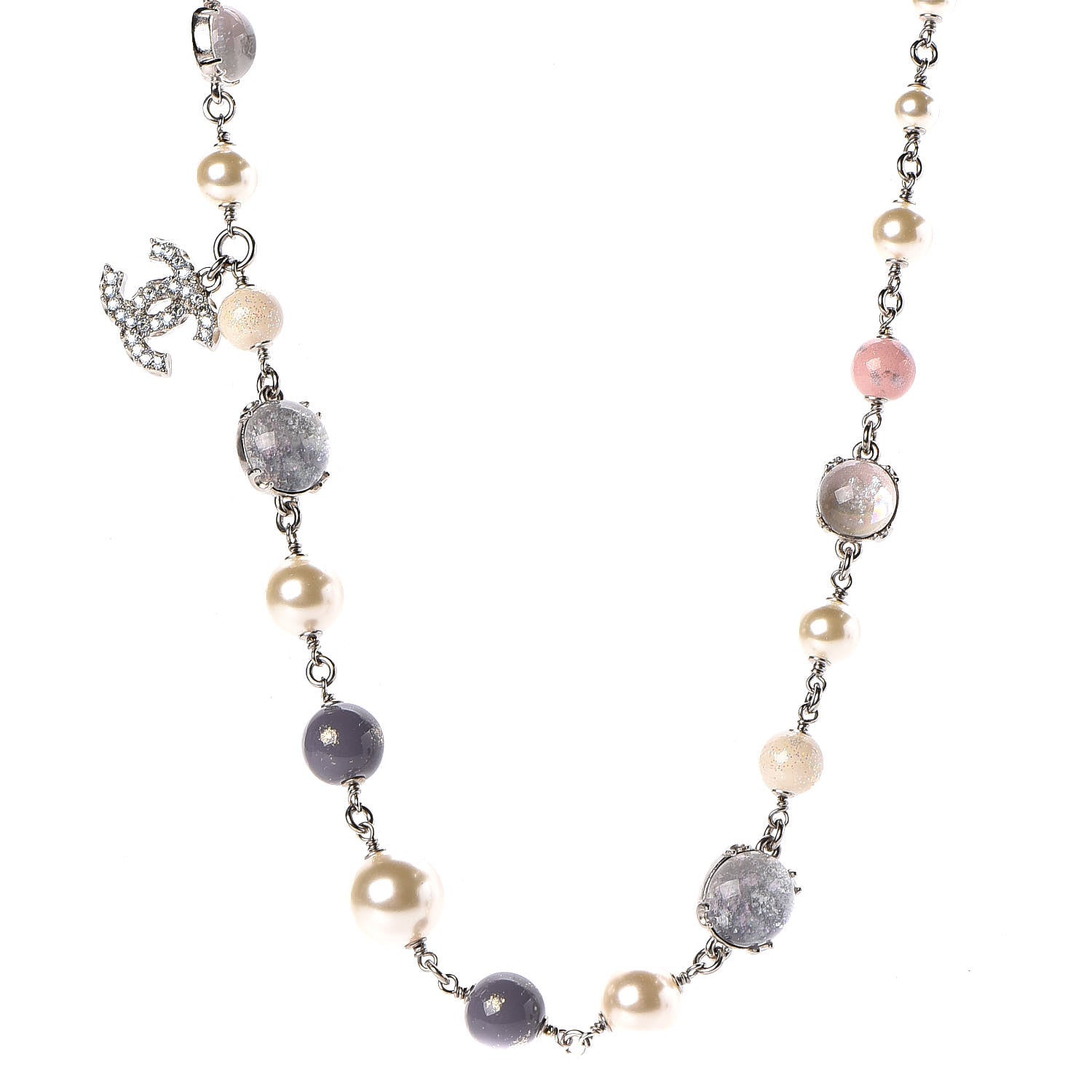 Chanel Pearl Bead Crystal CC Short Necklace Pink Grey Silver 1 of 7