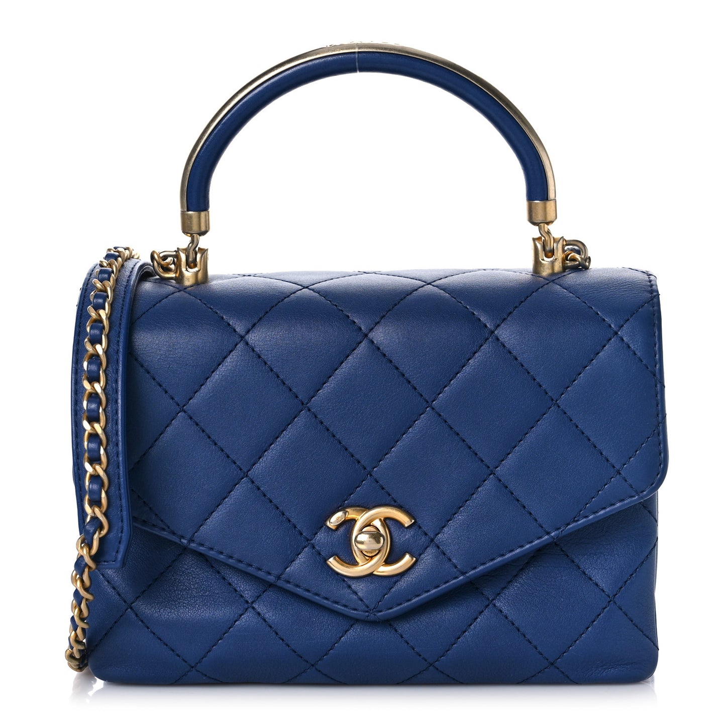 Calfskin Quilted Small Gold Top Handle Flap Blue