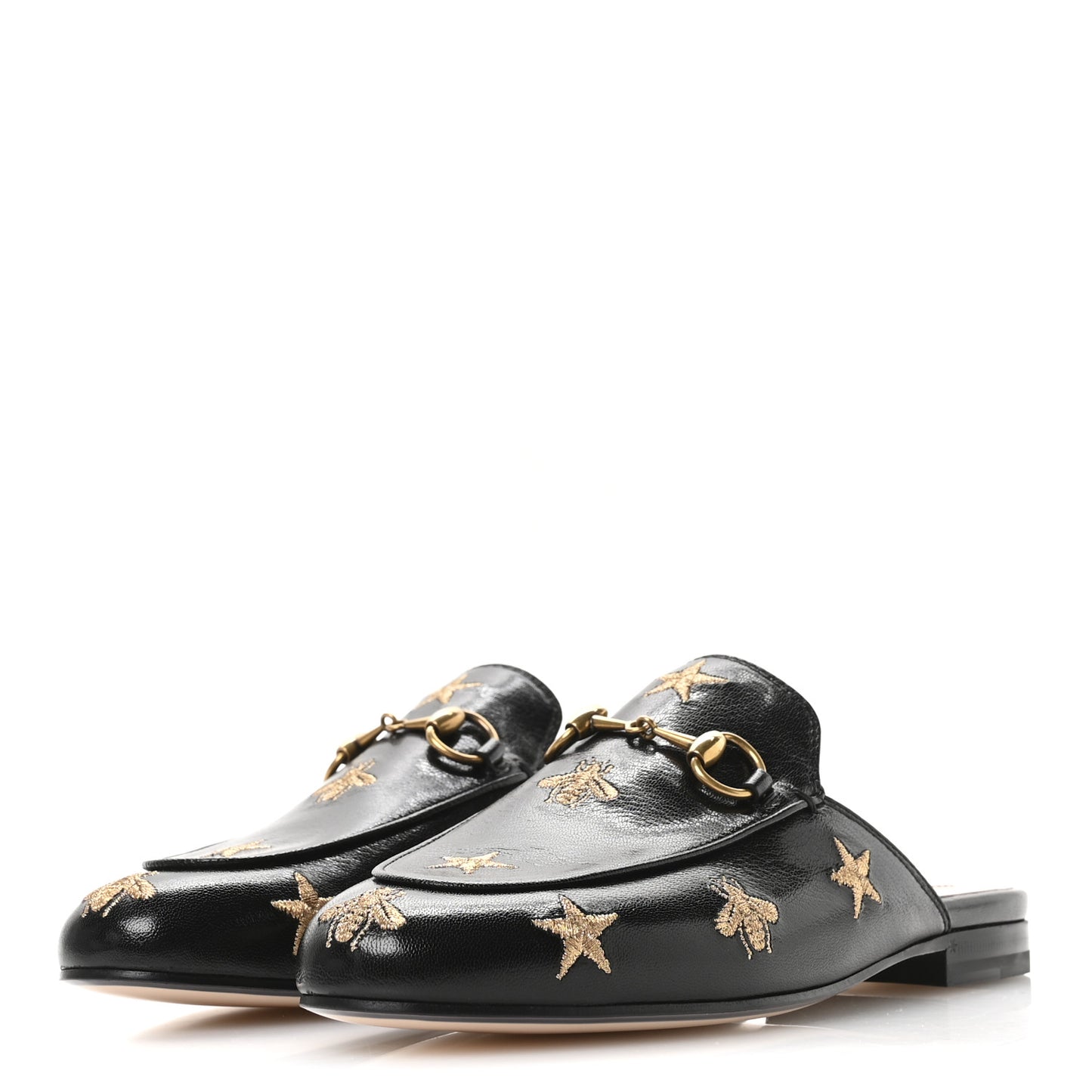 Goatskin Bee Star Embroidered Womens Princetown Slippers 35.5 Black