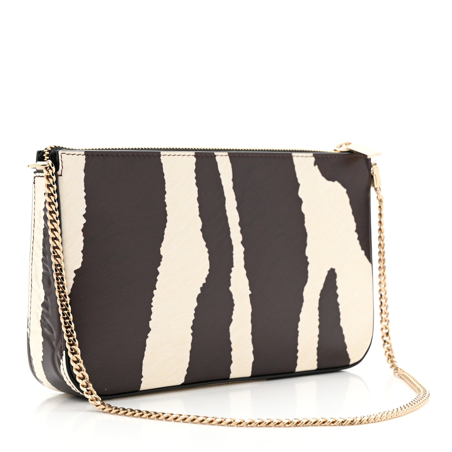 Calfskin Zebra Print Loubila Chain Clutch Dark Brown