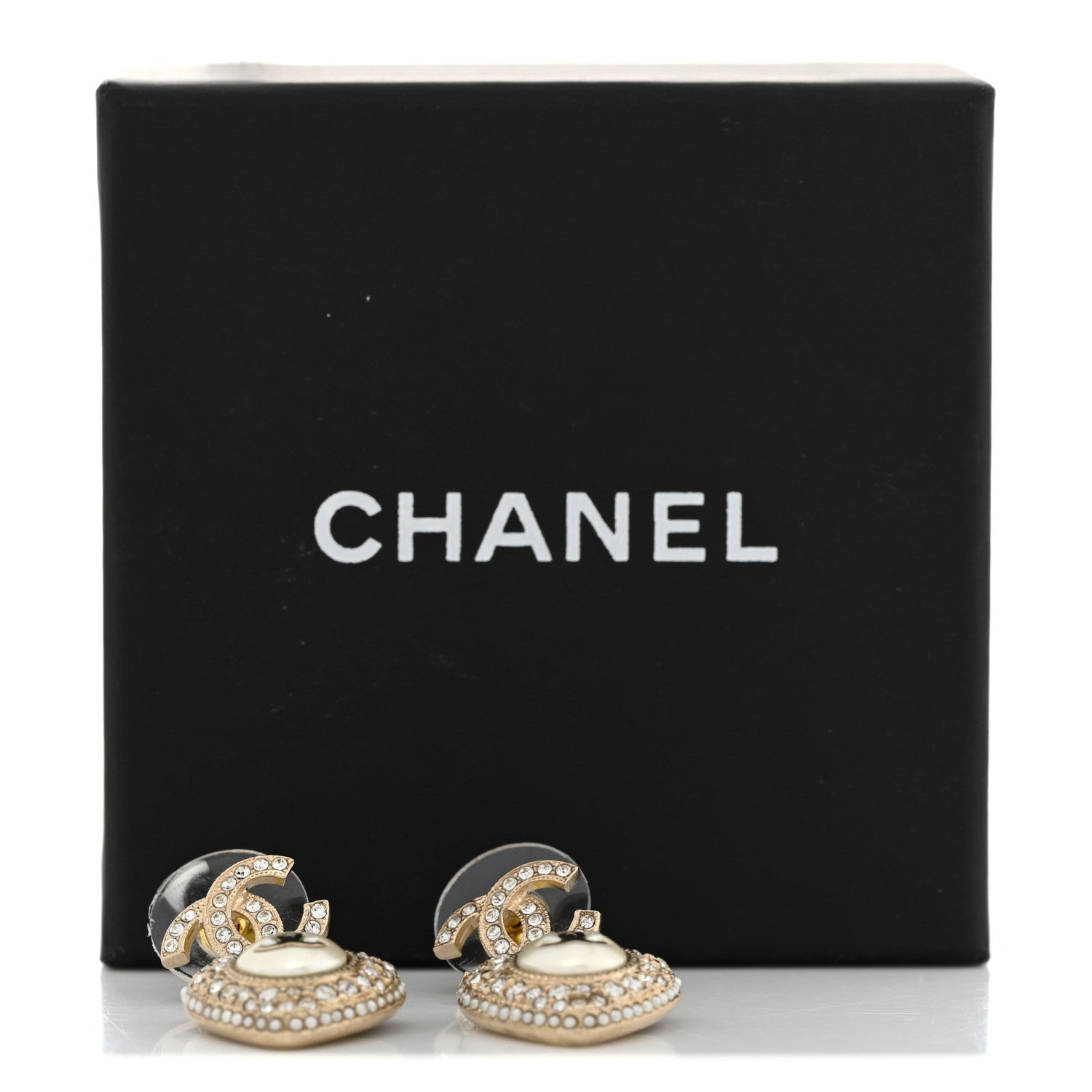 Chanel Pearl Crystal CC Heart Drop Earrings Gold White 5 of 5